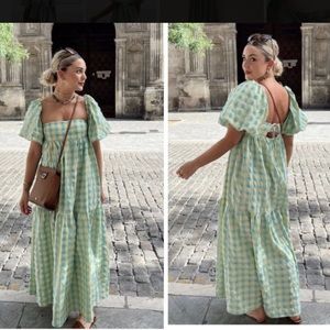 Zara Yellow and Light Blue Gingham Midi Dress